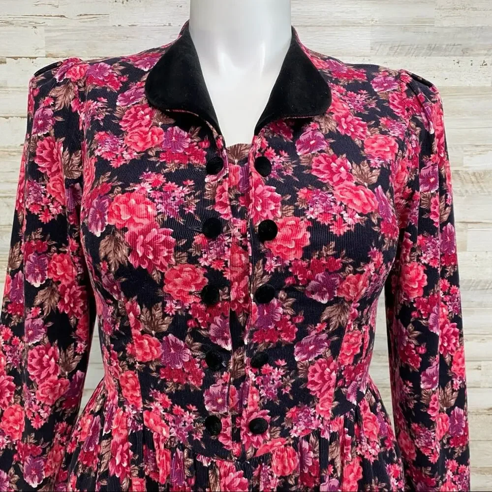 Laura Ashley Vintage Floral Corduroy Dress Womens Size 10 Pink Black Velvet Trim - Picture 2 of 16